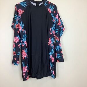 Women's 2XL Black Pink Floral Long Sleeve Rashguard One Piece Surf Swim Zip